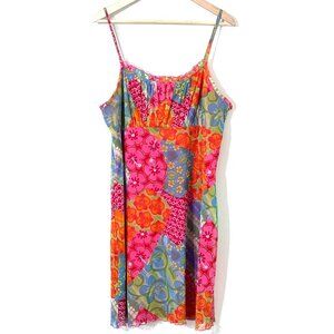 Vtg Y2K No Boundaries Babydoll Mesh Mini Dress Colorful Tropical Patchwork Beach